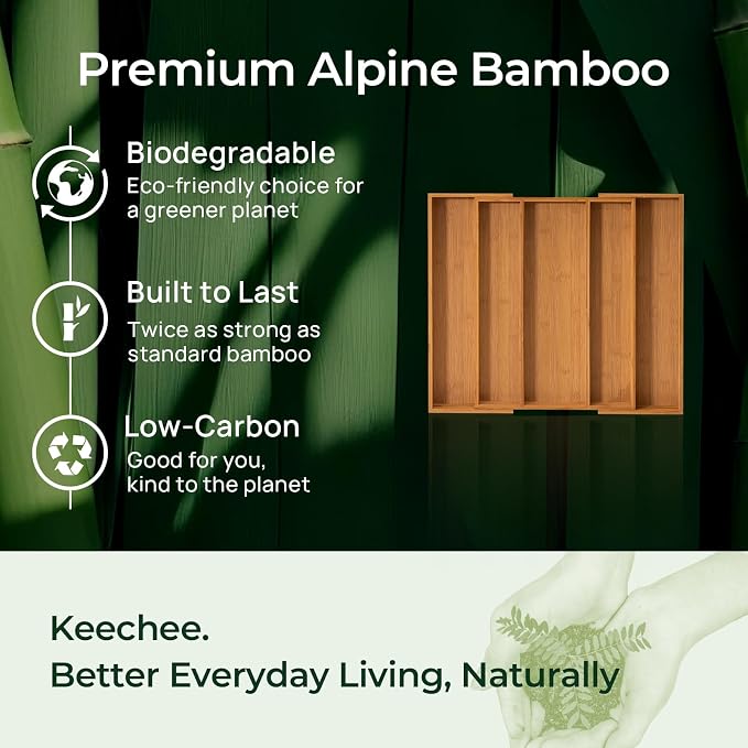 Carbonized Bamboo Kitchen Drawer Organizer, 5 Slots Expandable Silverware Organizer, Utensil Holder & Cutlery Tray, 2.2" Deep for Extra Capacity, Non-Slip Feet Included. - Image 8