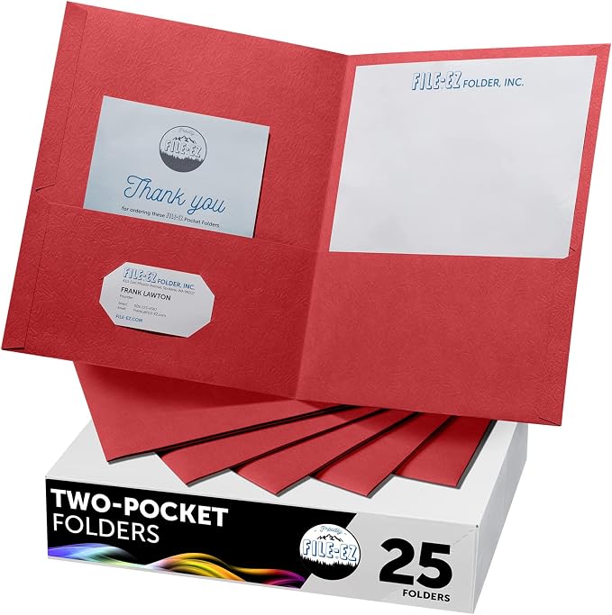 FILE-EZ Two-Pocket Folders, Red, 25-Pack, Textured Paper, Letter Size (EZ-32558) by FILE-EZ