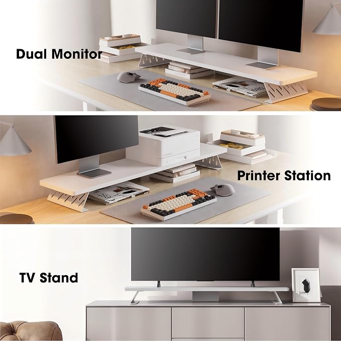 Fenge Monitor Stand Riser, Wooden & Metal Desk Shelf Organizer, White | 42.5 Inch Dual Monitor Riser for 2 Monitors, Multifunctional Monitor Shelf for Laptop, PC, Printer - Image 7