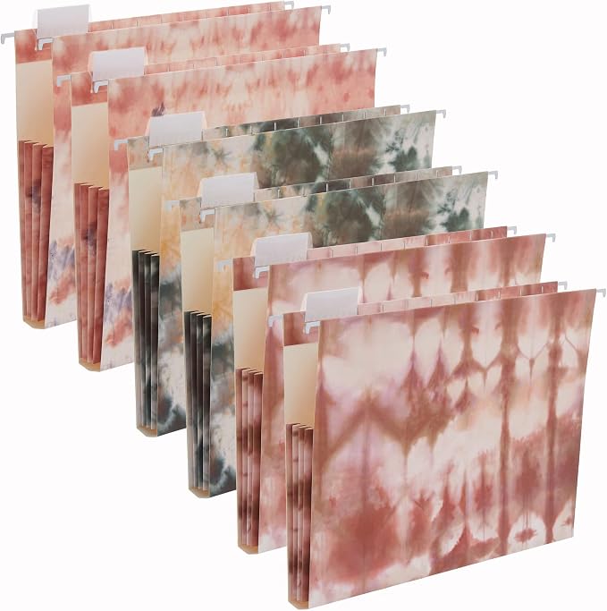 Y YOMA Letter Size - 6 Pack Extra Capacity Hanging File Folders with Pocket Accordion Decorative File Folder Cute Colored Expandable Folder for Office with 1/5-Cut Adjustable Tabs, Tie-dye Pattern by YYOMA