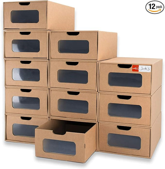 Shoe Boxes Cardboard, 12 Pack, Big Size, Waterproof, Heavy Duty, Stackable Shoe Storage Boxes, with Marking Labels, Transparent Window, 13.8" L x 9.3" W x 5.3" H by WALLQMER