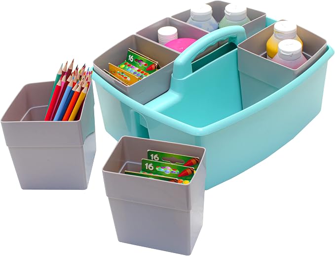 Storex Large Classroom Craft Caddy with Cups, 13 x 11 x 6.575 Inches, Teal, Case of 2 (00984A02C) - Image 8