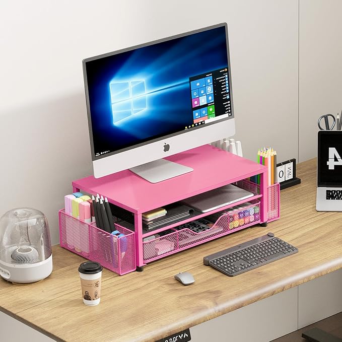 Desk Organizers and Accessories, Computer Monitor Stand Riser with Drawer and 2 Pen Holders, Printer & Laptop Stand, Office Desk Accessories & Workspace Organizers for Home Office Supplies, Carmine Rose - Image 3