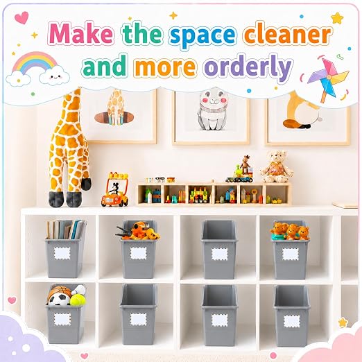 12 Pack Large Book Bins, Durable Magazine Organizer File Holder Quality Plastic Book Storage Bins with Labels for Classroom Library, Office, Desktop Organization, Bookshelf Categorization (Grey) - Image 6