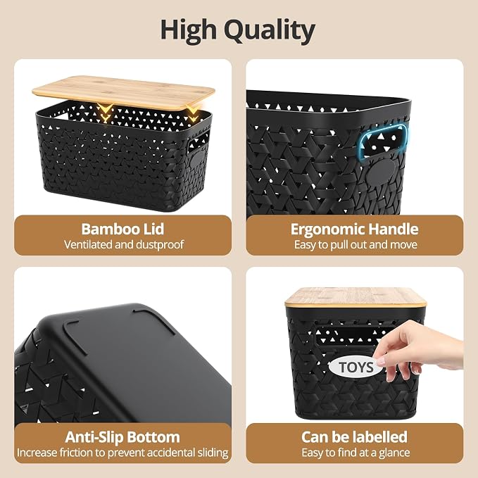 Plastic Storage Bins with Bamboo Lids, Stackable Small Box Baskets for Organizing and Containers for Shelves Drawers Desktop Closet Pantry Classroom Office Home, 4 Pack 12x7.3x6.2 Inch, Black - Image 6