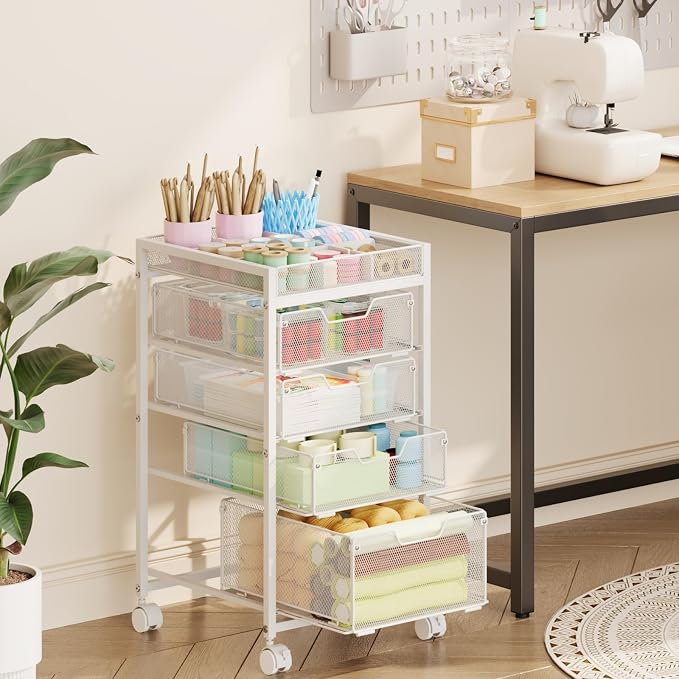 Rolling Utility Cart with 4 Drawers, Craft Organizer and Storage Carts with DIY Divider, Lockable Wheels Storage Organizer for Art Supplies, Store for Brushes & Paints & Artifacts, White - Image 6