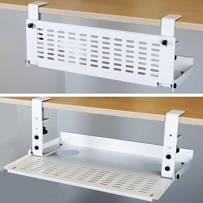 AEONS Universal Under Desk Cable Management Tray-Clamp Mount Hinged Swing Modesty Panel Organizer for Office Desks Easy Access Flip-Down position Power Strip Cord Storage No-Drill 25 lb Capacity White by AEONS
