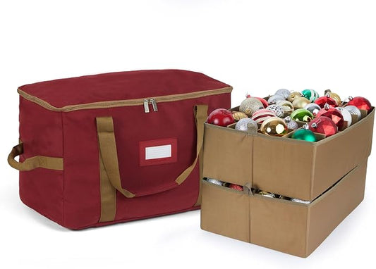 Covermates Keepsakes Adjustable Ornament Storage Bag – Heavy-Duty Polyester, Padded Dividers & FlexGrid Trays – Protective Holiday Ornament Organizer with Handles & Label Window, Red by Covermates
