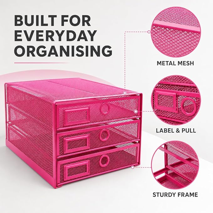 Exerz Paper Sorter 3 Drawer Wire Mesh A4 / Desk Multifunctional Desk Organiser/Multi-Layer Letter Tray - for Documents, Magazines, Notebooks and Letter (Pink) - Image 3