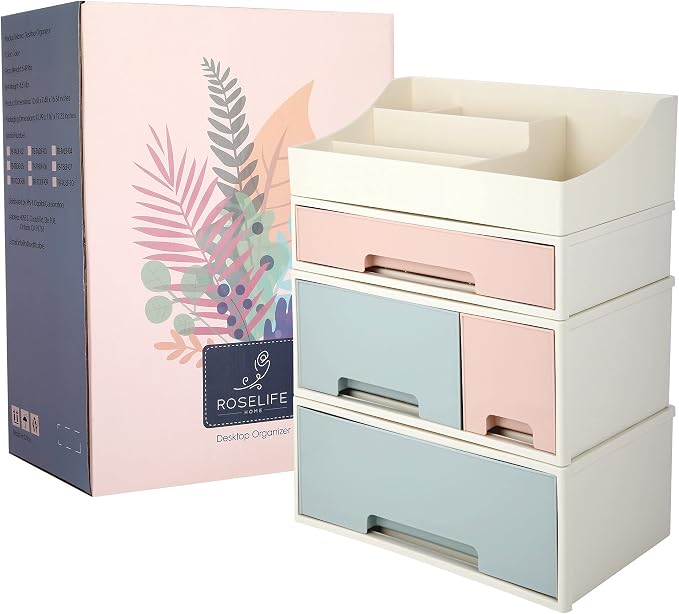 Makeup Organizer, Cosmetic Storage Box, [TCDF-09] Desktop Stationery, Remote Control Storage Box, Kitchen Spices Organizer Box, 4 Pieces 4 Drawers, 5 Slots, Blue, Pink and Green Assortment - Image 6