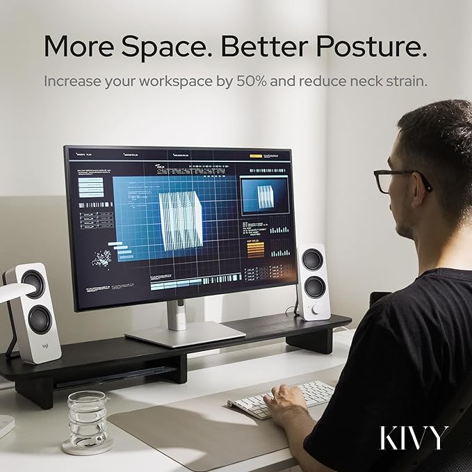 KIVY Dual Monitor Riser with Integrated Metal Shelf - Wooden desk shelf for top of desk - Wood monitor stand for desk 2 monitors / tv - Dual monitor stand riser for desk - Large walnut monitor stand - Image 4