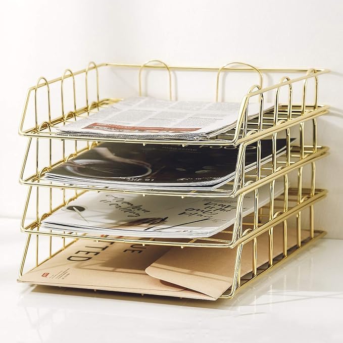 Jolitac Rose Gold 4-Tier Stackable Paper Tray Desk Organizer, Workspace Decorative Stacking Rack Supplies Holder, Metal Letter Trays for File Documents in Home & Office (Gold) by Jolitac