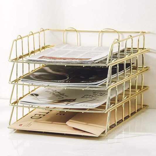 Jolitac Rose Gold 4-Tier Stackable Paper Tray Desk Organizer, Workspace Decorative Stacking Rack Supplies Holder, Metal Letter Trays for File Documents in Home & Office (Gold) by Jolitac