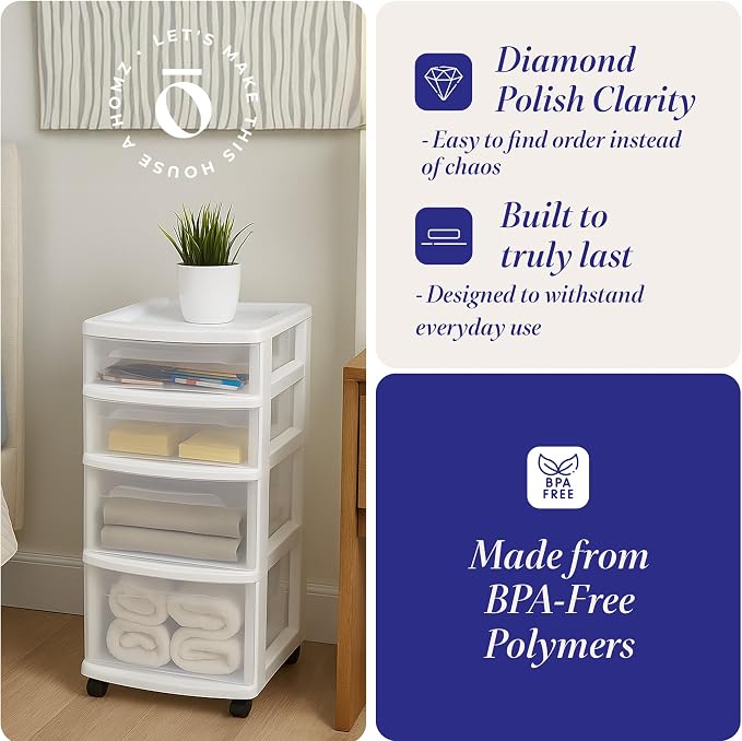 HOMZ Drawer Tower, 4-Tier Clear Plastic Storage Organizer Cart, White Frame - Rolling Drawers with Wheels for Desk, Dresser, Cabinet, Bedroom, Bathroom, Classroom, and Office Organization - Image 5