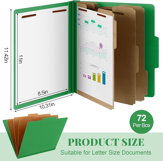 Skyygemm 72 Pcs Classification Folder Letter Size, 3 Divider File,Green | Back to School Supplies, Pressboard File with Fastener, Expanding Organizer Bulk for School Teacher, Office Employee, Staff - Image 2
