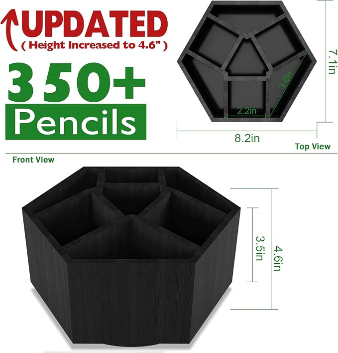 Colored Pen Pencil Holder Organizer for Desk with 7 Compartments | Bamboo Rotating Art Supply Organizer, Office Supplies Desktop Storage Caddy, Marker Holder Organizer Black - Image 2
