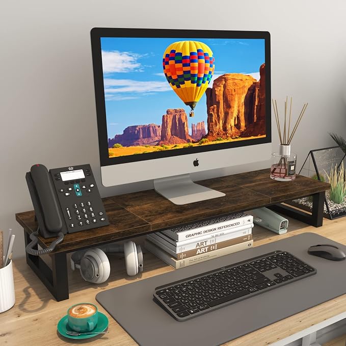 YAOHUOO Dual Monitor Stand Riser, 39Inch Large Monitor Stands for 2 Monitors, Computer Monitor Stand, Wooden Desktop Oraganizer Shelf for Office Desk Computer,Laptop,TV - Image 4