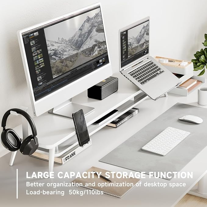 Fenge 42.5-Inch Monitor Stand Riser with Laptop, Phone & Headphone Holders | 10° Adjustable Laptop Holder, 2-Tier Storage, Dual Monitor or Monitor-Laptop Setup, Ideal for Multitasking, Gaming, Streaming - Image 7