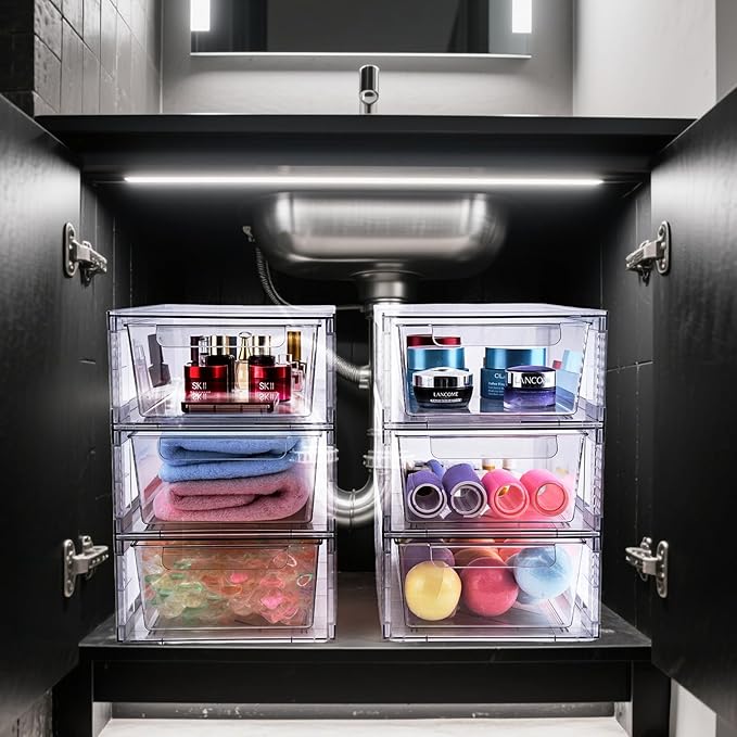 6 Pack Clear Stackable Storage Drawers, 3.95" H Easily Assemble Acrylic Organizer Bins - Multi-Use for Make up, Closet, Pantry, Bathroom, Medicine, Kitchen Cabinet & Undersink Organization - Image 2