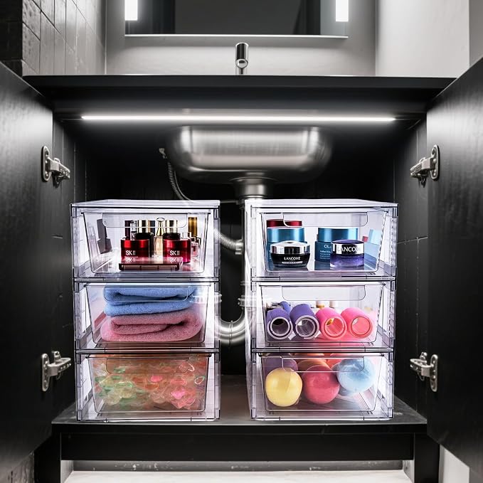 4 Pack Clear Stackable Storage Drawers, 3.95" H Easily Assemble Acrylic Organizer Bins - Multi-Use for Make up, Closet, Pantry, Bathroom, Medicine, Kitchen Cabinet & Undersink Organization - Image 2