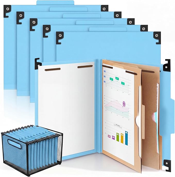 Henoyso 10 Pcs Hanging Classification Folders,2 Pocket Dividers,Light Blue | Letter Size, Hanging File Folders with 2 Pockets, 3" Expansion, 6 Prong Fasteners, 1/3 Tab Cut, 6 Sections, Pressboard Manila by Henoyso