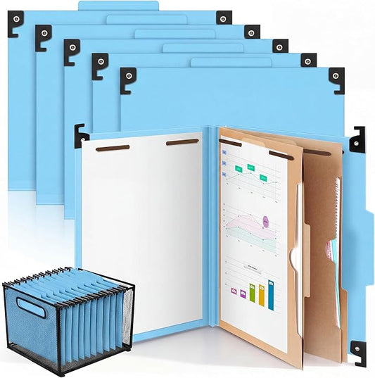 Henoyso 10 Pcs Hanging Classification Folders,2 Pocket Dividers,Light Blue | Letter Size, Hanging File Folders with 2 Pockets, 3" Expansion, 6 Prong Fasteners, 1/3 Tab Cut, 6 Sections, Pressboard Manila by Henoyso