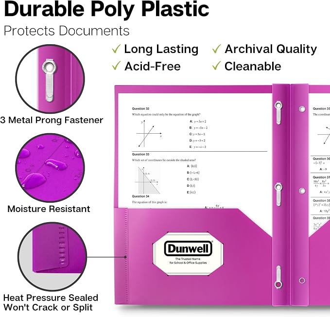 Dunwell Plastic 2 Pocket Folders with 3 Prongs, (48 Pack, Assorted Colors), 3-Clasp Folders with Fasteners, Tear-Resistant, Long Lasting Acid-Free Poly, Includes Labels - Image 3