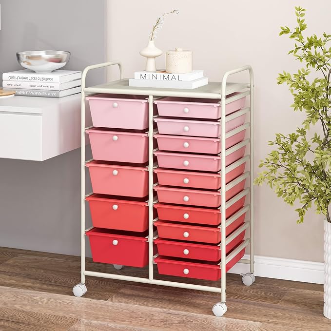 DORTALA 15-Drawer Rolling Storage Cart with Drawers, Rolling Utility Cart w/Removable Drawers & Universal Wheels, Tools Scrapbook Paper Organizer for School, Office, Home, Classroom (Gradient Pink) - Image 2