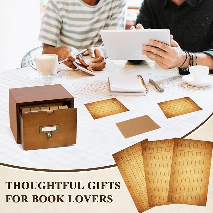 3x5 Index Cards Holder Wood Index Card Organizer Box Flash Card Holder Recipe Cards Holder with Drawer 30 Pcs Vintage Library Cards 5 Kraft Dividers For Gifts Cards Home Office - Image 6