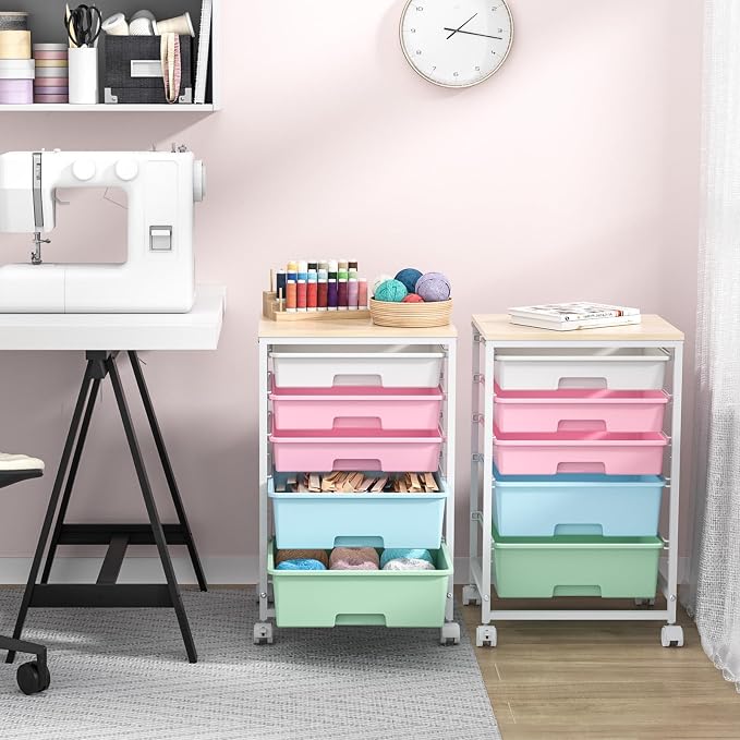 SYKIARIOL Utility Cart with 5 Drawers with Wooden Top, Rainbow | 5-Tiers Storage Cart with Drawers with Lockable Wheels for Craft Organizers and Storage,Home Office,Classroom,Dorm ,Playroom - Image 9