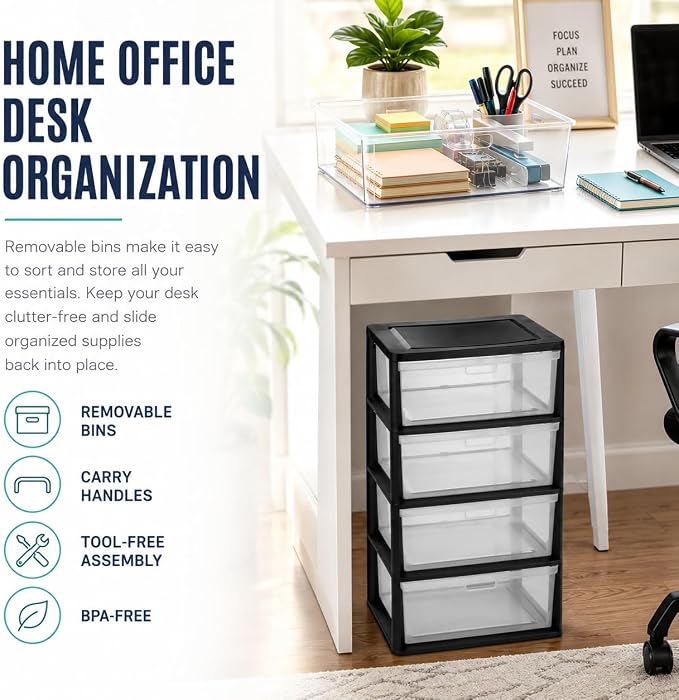 2PCS,4-Drawer Storage Tower, Plastic Organizer with Clear Removable Bins | Clear Removable Bins, Tool-Free Assembly, Integrated Carry Handles, Drawer Stops, BPA-Free Plastic, 4-Drawer Capacity - Image 6