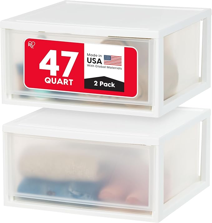 IRIS USA 2-Pack, 47 Qt. Extra Large Stacking Drawer with Clear Door, White | Store shoes, clothing, linens, pantry items, and household essentials with organized storage for everyday needs by IRISUSA