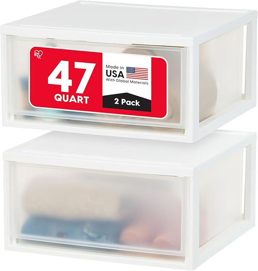 IRIS USA 2-Pack, 47 Qt. Extra Large Stacking Drawer with Clear Door, White | Store shoes, clothing, linens, pantry items, and household essentials with organized storage for everyday needs by IRISUSA
