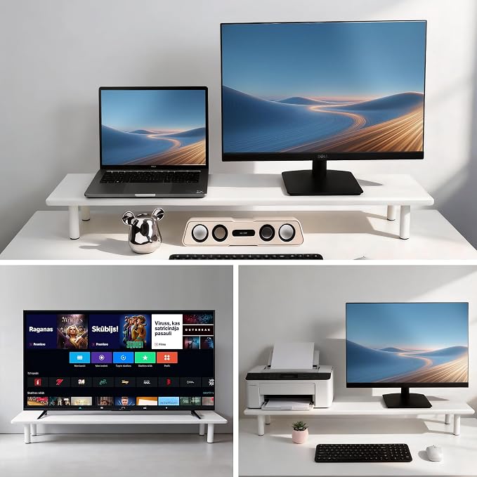 Bamboo Dual Monitor Stand Riser, White Desk Shelf with Storage | 39.37-Inch Wide, 3.5-Inch Clearance, Fits Keyboards, Soundbars and Two 24-Inch Monitors for Home Office - Image 8