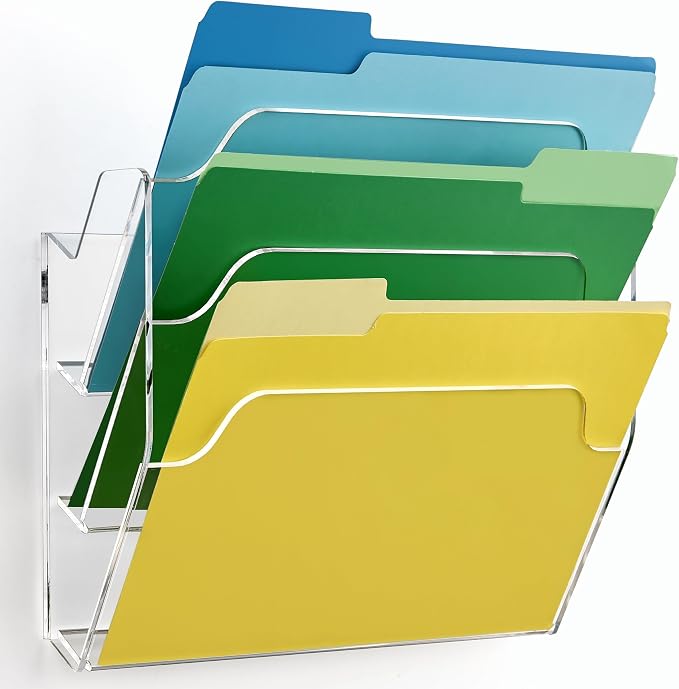 DINGHUO 3 Pockets Acrylic Hanging Wall File Organizer for Office | Wall Mounted Magazine File Holder for Mail Paper Document Organization, No Assembly Required, Hooks Screws Included - 1 Pack by DINGHUO