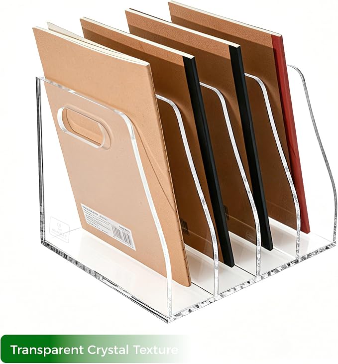 Clear Acrylic Magazine File Holder with Handles, 4-Slot Heavy-Duty Desk Organizer, Vertical Document Sorter & Book Rack for Office, Home & Classroom, Thick 5mm Tabletop Storage, 7.1x8.1x6.3 in - Image 7