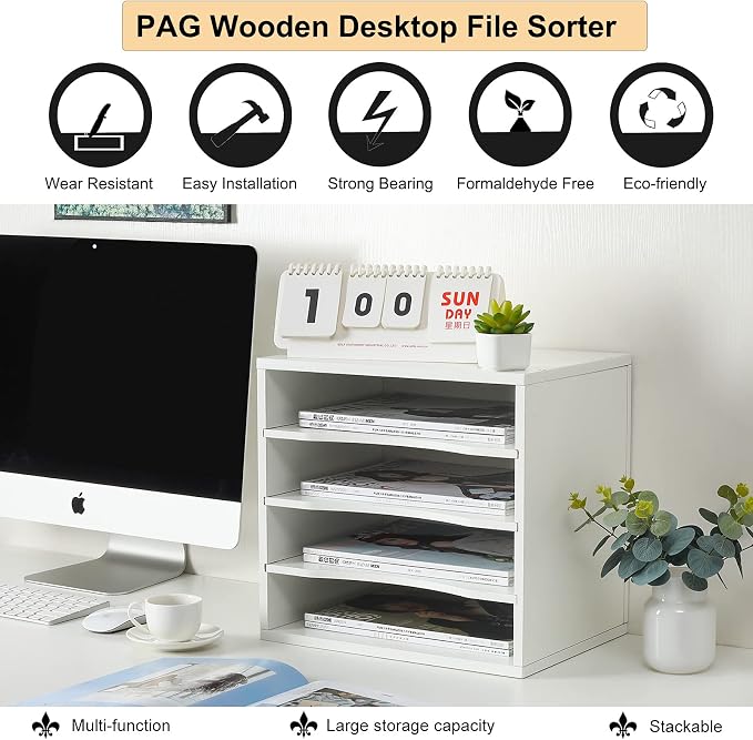 Mail Sorter Organizer, Wood Countertop Literature Organizer, Office Supplies Desktop File Bill Paper Organizer for Office Home School, 4 Compartments, White - Image 4