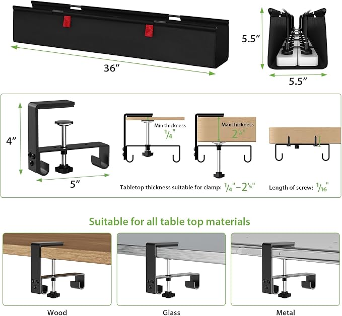 KEEGH No Drill Fabric Under Desk Cable Management Tray 28 in,Black | Clamp/Screw Mount, Supports Up to 70lbs, Fabric Wire Management Gaming/PC Cable Raceways, Cord Hiders for Office/Home - Image 4