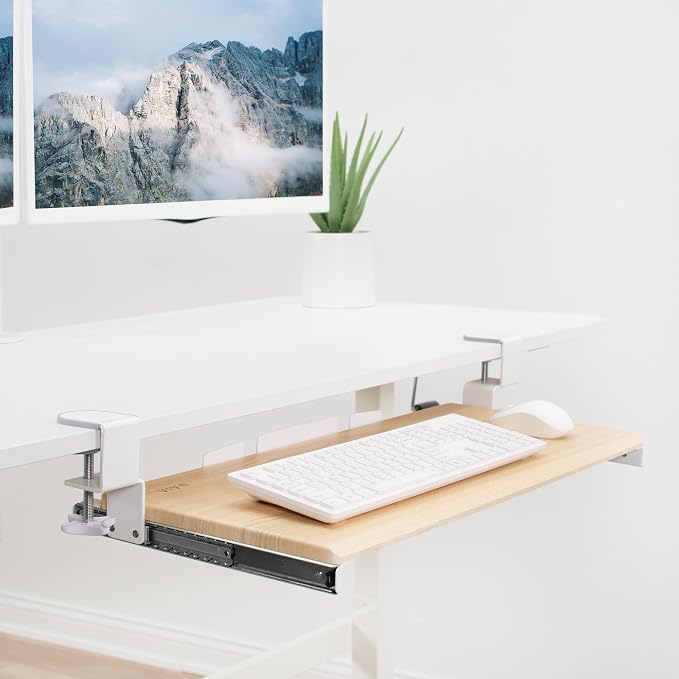 VIVO Light Wood Large 27 x 11 in Under Desk Keyboard Tray, MOUNT-KB05A | Keyboard Tray for Typing, Slide Out Platform, Extra Sturdy C-Clamp Mount System, Computer Drawer, White Frame - Image 2