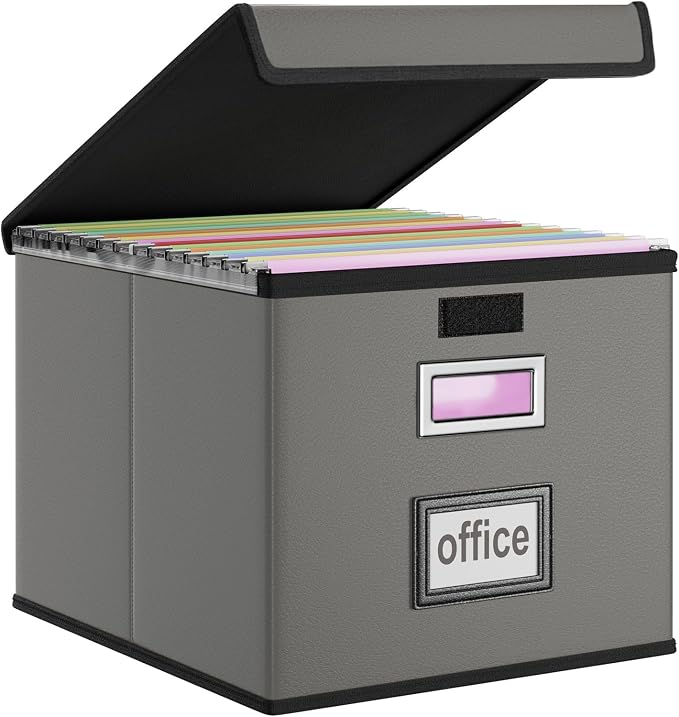 File Organizer Box with Lids, Collapsible File Folder Organizer | File Box with Plastic Slides for Document, Filing Bin for Letter Size Hanging File Folders (1 Pack, Dark Gray, Leather) by Huolewa