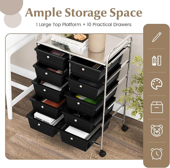 COSTWAY 10 Drawer Rolling Storage Cart, Utility Cart with Lockable Wheels | Mobile Art Supply Craft Organizer with Metal Frame, Multipurpose Drawer Cart for Paper for Office, School, Black - Image 4