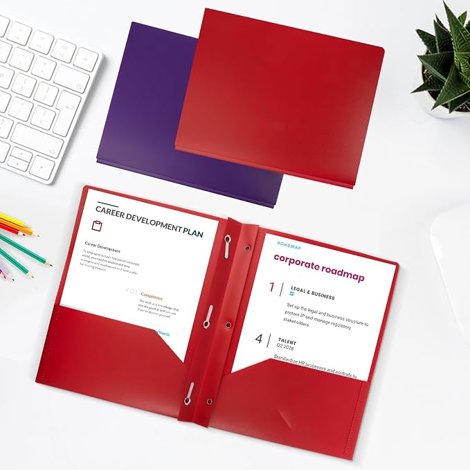 Plastic Folders with Pockets and Prongs,2-Pocket Folders with 3 Fasteners, Holds 8-1/2" x 11" Paper, Pastel Color (Bright Red, 12-Pack) - Image 7