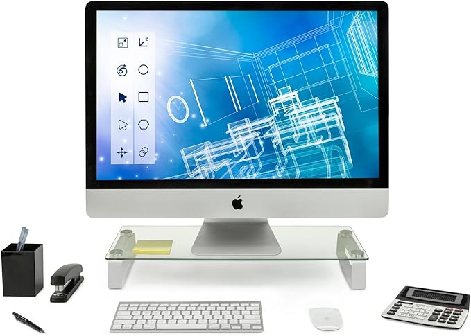 Mount-It! Glass Monitor & Laptop Riser Stand, 22", 44 lbs | Clear flat screen display stand with desktop shelf and organizer, glass and aluminum construction. by Mount-It