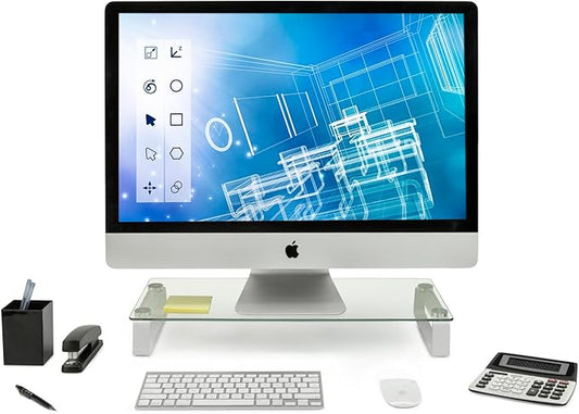 Mount-It! Glass Monitor & Laptop Riser Stand, 22", 44 lbs | Clear flat screen display stand with desktop shelf and organizer, glass and aluminum construction. by Mount-It