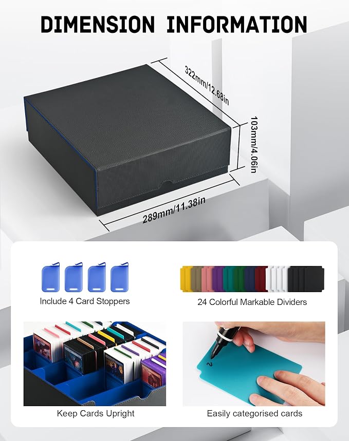 ZLCA Card Storage Box for MTG PTCG, Commander Deck Box Holds 3200+ Cards, Trading Card Storage Case with 4 Stoppers, Card Organizer for TCG Sport Cards(Black&Blue) - Image 3