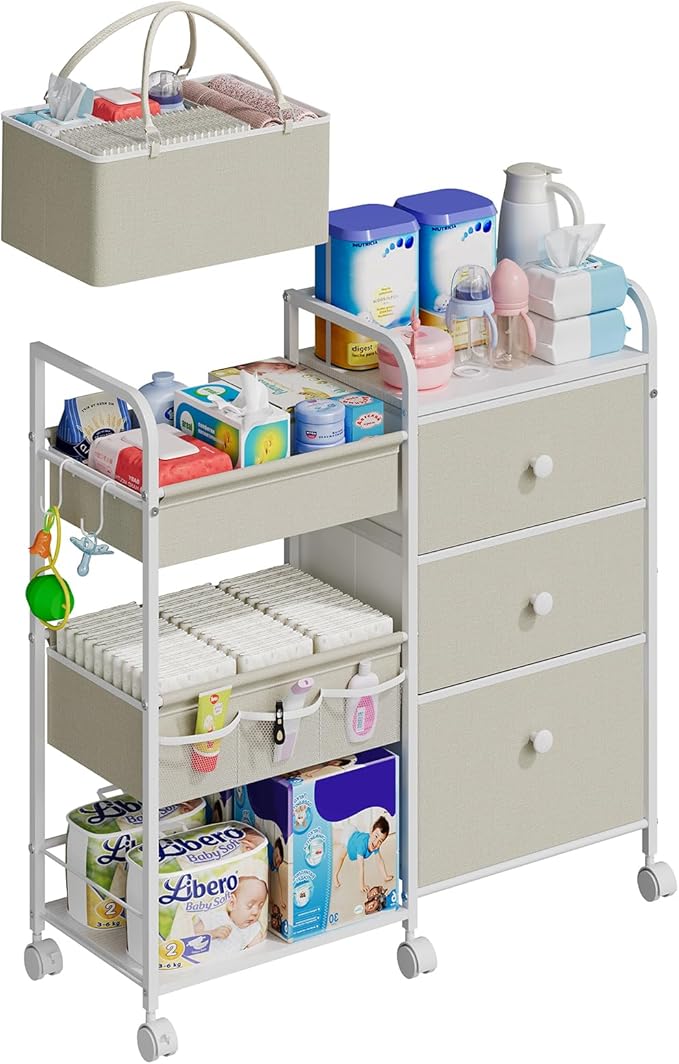 Cidaziya 2In1 Baby Diaper Caddy Organizers and Storage, 3 Tier Rolling Cart with Dividers and Drawers, Mobile Utility Cart Baby Dresser Clothes Organizer for Changing Table, Crib Nursery, Bedroom by Cidaziya