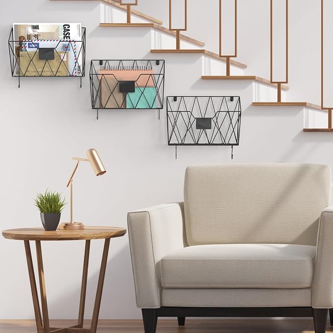 YBING Wall File Organizer Mesh Hanging Wall-mount Files Holder 6 Pack Hanging Wire Magazine Rack and Mail Holder with Hooks Office Wall Organizer for Papers Folders Files Clipboard Black - Image 7