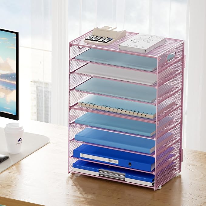 Marbrasse Paper Organizer Letter Tray, 9 Tier Mesh File Organizer with Handle, Paper Sorter Desk Organizer for Home Office Supplies - Pink - Image 6
