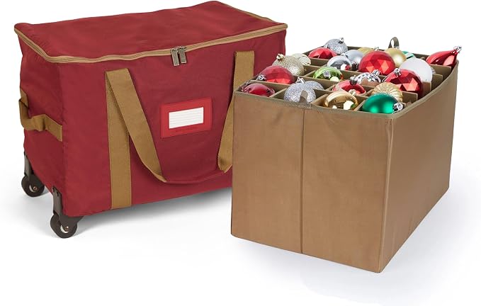 Covermates Keepsakes Rolling Adjustable Ornament Storage Bag – Heavy-Duty Polyester, FlexGrid Trays & Padded Dividers – Protective Holiday Organizer with Wheels, Handles & ID Window, Red by Covermates