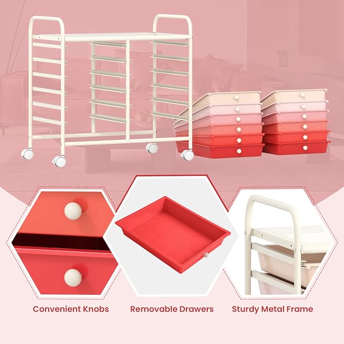 GOFLAME 12-Drawer Rolling Storage Cart, Multifunctional Art Craft Organizer Cart, Mobile Utility Storage Cart with Removable Drawers & Lockable Wheels, Craft Cart for Home Office School, Pink Gradient - Image 6